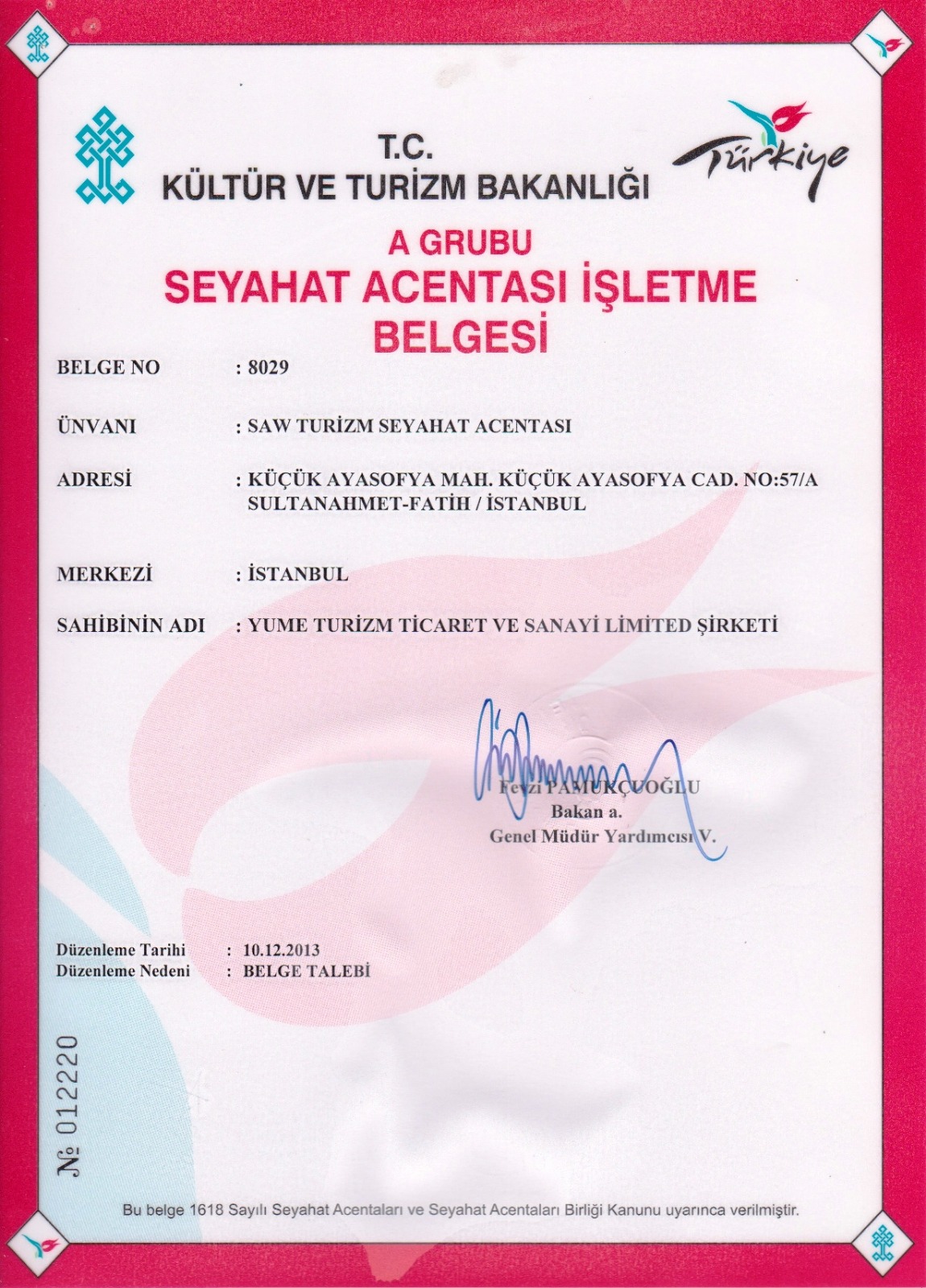 TÜRSAB A Belgesi