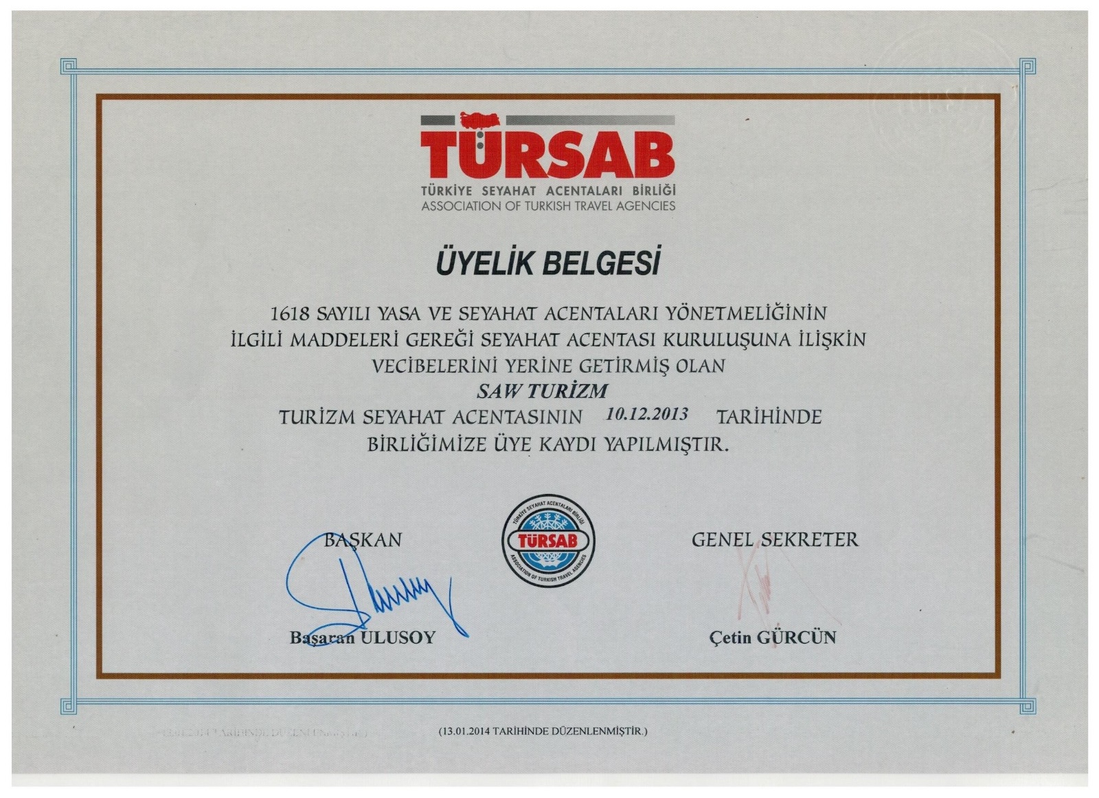 TÜRSAB Üyeliği